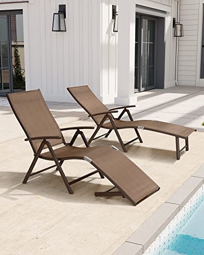 Crestlive Products Folding Patio Chaise Lounge Chair for Outside, Set of 2, Aluminum Adjustable Outdoor Pool Recliner Chair, Brown Frame, 8 Positions (2 PCS Brown)