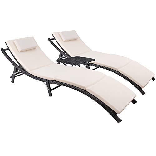 Devoko Patio Chaise Lounge Sets Outdoor Rattan Adjustable Back 3 Pieces Cushioned Patio Folding Chaise Lounge with Folding Table (Beige)