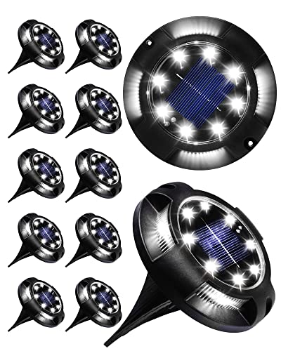 K.E.J. Solar Ground Lights Outdoor 12 Led Disk Lights Garden Lights Solar Powered Waterproof In-Ground Outdoor Landscape Lighting for Patio Pathway Lawn Yard Deck Driveway Walkway (12 Pack)