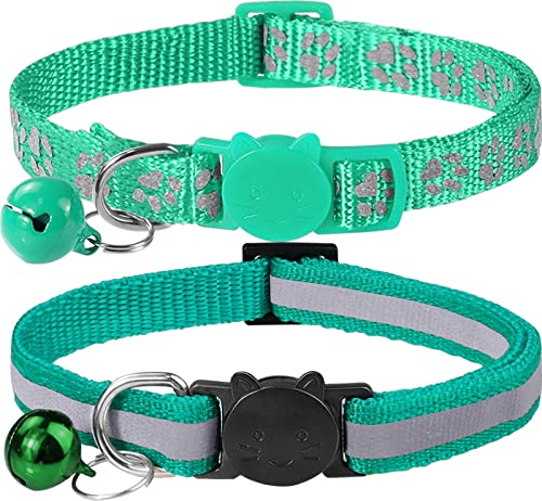 Taglory Reflective Cat Collars Breakaway with Bell, 2 Pack Girl Boy Pet Kitten Collar Adjustable 7.5-12.5 Inch, Turquoise