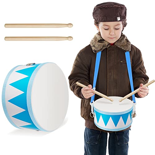 Drum Set for Toddlers Age 1 to 7 Wooden Bongo Drums 7.87 in with Adjustable Strap 2 Drumsticks Kids Educational Sensory Percussion Musical Instrument Drum Set for Baby Toy Children's Day (Blue Fang)
