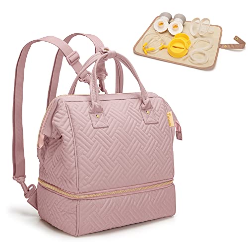 Fasrom Small Breast Pump Bag Backpack with Cooler Compatible with Medela, Elvie and Willow Pumps, Wearable Pumping Tote Bag with Waterproof Mat for Working Moms (Patent Design), Pink
