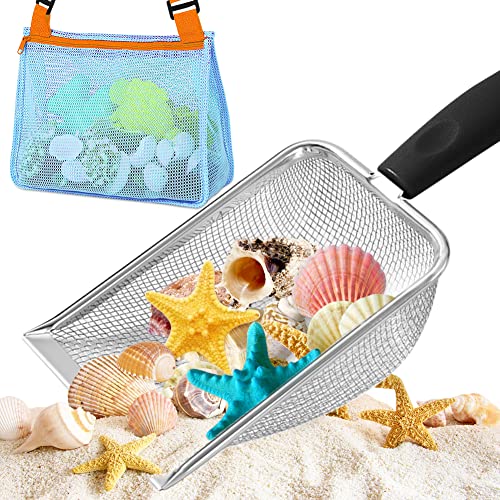 PLACHIDAY Beach Mesh Shovel, Shark Tooth Sifter Dipper with Mesh Beach Bag for Shell Collecting, Kids Filter Sand Scooper for Picking Up Shells - Beach Toys for Kids