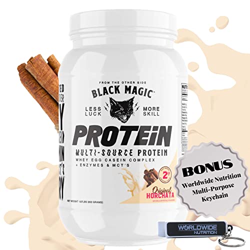 Black Magic Multi-Source Casein Protein Powder - Whey, Egg Albumin Enzymes, Micellar Casein & MCTs - Muscle Mass Gaining - Bodybuilding - Original Horchata Flavor - 2 LB w Worldwide Nutrition Keychain