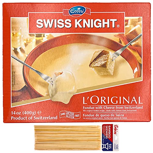 Swiss Knight Fondue with Erbies Bamboo Skewers - L'Original Cheese from Switzerland 14oz, 100ct Sticks Set. Meal for 2 or Appetizer for 8