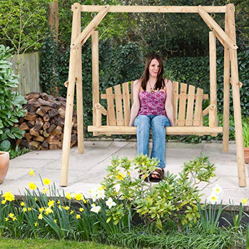 Tangkula Wooden Porch Swing, A-Frame Wood Log Swing Bench Chair, Outdoor Rustic Curved Back Swing Chair for Patio Garden Yard