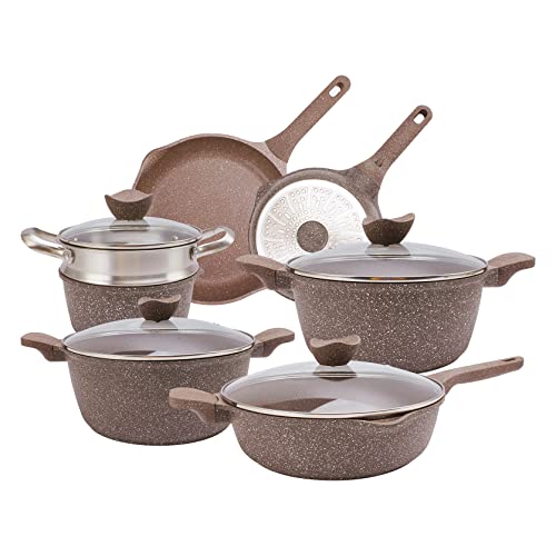 Country Kitchen Nonstick Induction Cookware Sets - 11 Piece Nonstick Cast Aluminum Pots and Pans with BAKELITE Handles - Induction Pots and Pans with Glass Lids -Chocolate Brown