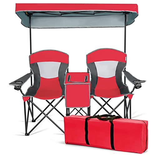 DORTALA Double Camping Chair with Canopy, 2 Person Folding Beach Chair with Canopy Shade, Table Beverage Holder and Storage Bag, Double Rocker Chair Outdoor for Camping, Beach, Picnic, Red