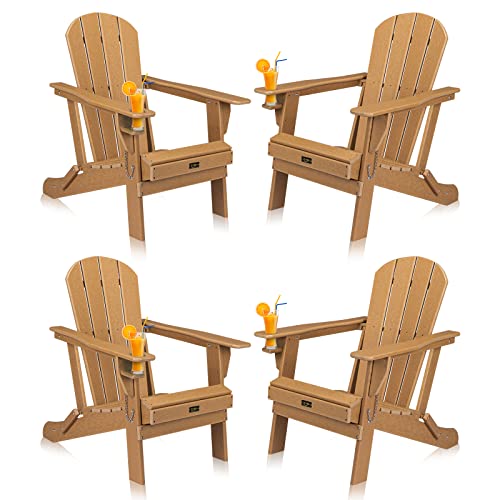 VINGLI Plastic Adirondack Chairs Set of 4, Folding with Cup Holder, Waterproof HDPE Material, Comfortable 380lb Weight Capacity for Outdoor Pool Patio Lounge Chair Lawn Furniture Firepit (Teak)