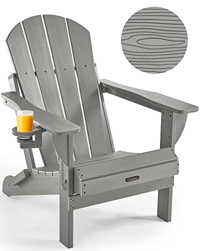 Ciokea Folding Adirondack Chair Wood Texture, Patio Adirondack Chair Weather Resistant, Plastic Fire Pit Chair with Cup Holder, Lawn Chair for Outdoor Porch Garden Backyard Deck (Grey)