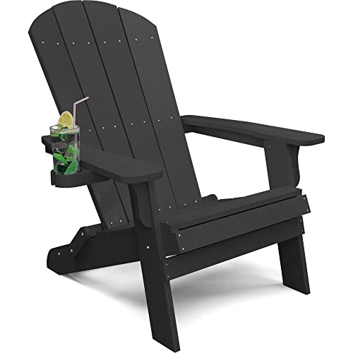 YEFU Adirondack Chair, Oversized Plastic Adirondack Chair Folding Outdoor Chairs with Cup Holder, Lawn Chair with Weather Resistant for Outside Deck Lawn Garden, Weight Capacity Up to 400 Lbs Black