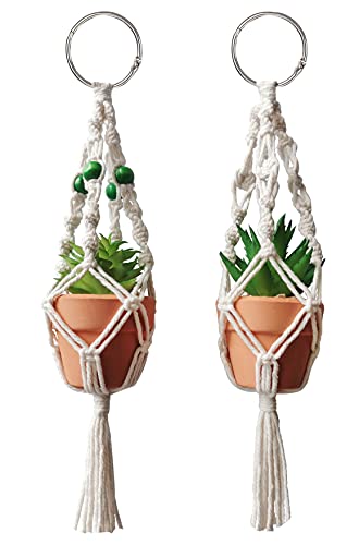 TIMECOSY Mini Macrame Plant Hanger Rear View Mirror Car Cactus Charm Decorations Boho Hanging Plant Holder, Tiny Car Succulent Gifts for Plant Lover, 10.5-Inch