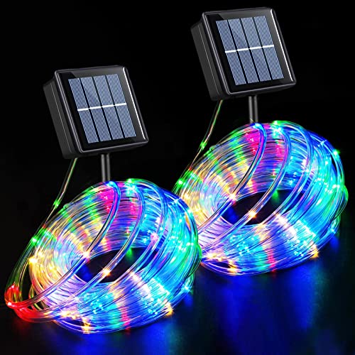 QITONG 2 Pack Solar Rope Lights Outdoor Waterproof, Each 33ft 100 Led Trampoline Lights, 8 Modes Copper Fairy Tube String Lights for Camping Tent Tree Pool Fence Gazebo Yard Walkway Garden Christmas