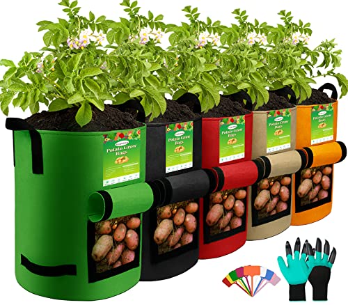 kopotma 5Packs Colorful 15 Gallon Potato Growing Bags, Extra Large Potato Grow Bags with Flap, Potato Bags for Growing Potatoes Fabric Grow Bags Potato Planter Potato Growing Containers