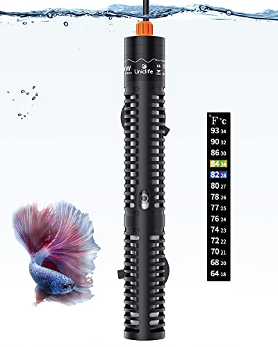 Uniclife Aquarium Heater for 5-20 Gallon Fish Tanks 50 W Submersible Adjustable Heating Rod with Electronic Thermostat Thermometer Sticker Protective Cover for Freshwater and Marine Aquariums