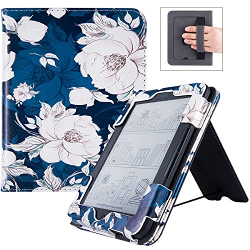 BOZHUORUI Stand Case for New Nook Glowlight 4 (2021 Release)/Nook Glowlight 4e (2022 Release) - Premium PU Leather Book Folio Cover with Card Slot and Hand Strap (Blue Peony)