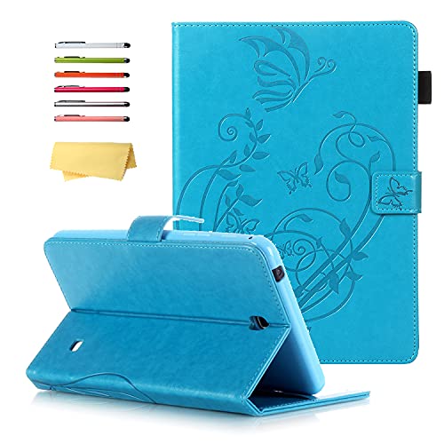 UUcovers Case for Samsung Galaxy Tab 4 7.0 & Nook 7.0" 2014 Cover (SM-T230/ SM-T230NU/ T231/T235), Embossed PU Leather Magnetic Folio Stand TPU Wallet with Pocket Cards Holder, Blue Butterfly Flower