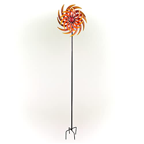 Alpine Corporation 75" Tall Outdoor Dual Metal Rustic Garden Kinetic Wind Spinner Stake, Red and Orange