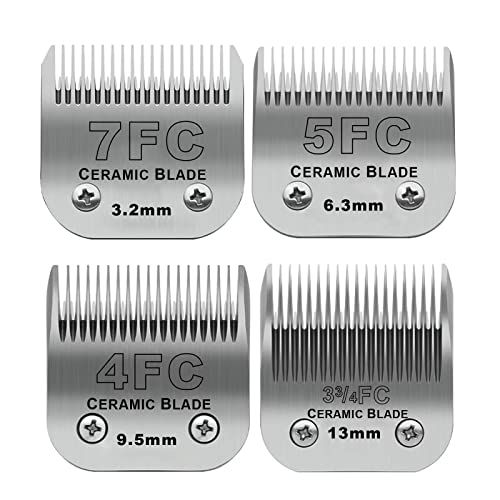 Size 7FC/5FC/4FC/3FC Detachable Pet Dog Grooming Clipper Ceramic Blades Set,Compatible with Andis,Oster A5,Wahl KM Series Clippers,Cut Length 1/8"(3.2mm) to 1/2"(13mm),4 Pack