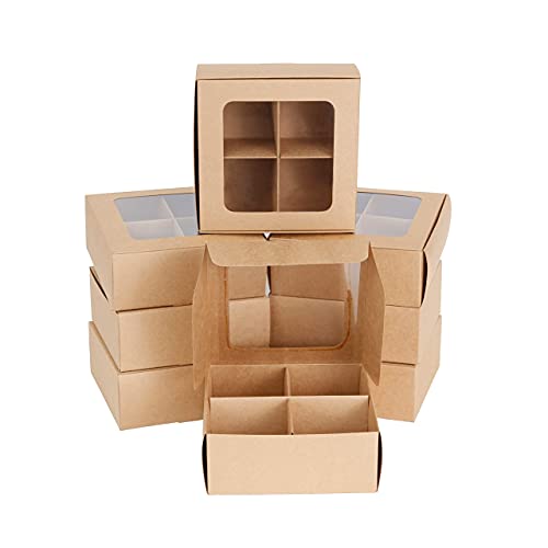 Gretel 6x6 Brown Bakery Boxes with Window and Dividers | Four Compartment Brownie Box for Small Cookies, Charcuterie, Baked Goods, and Treats | 6x6x2.4 In | 24 Pack (Kraft)
