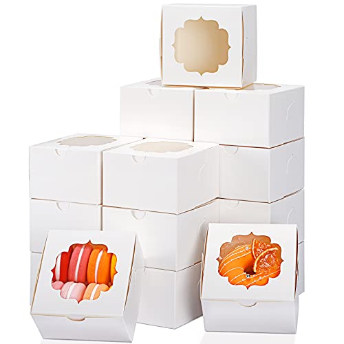 TOMNK 100pcs 4 Inches White Bakery Boxes Cookie Boxes Kraft Baking Box with Window for Cupcakes Candy Chocolate Strawberries Muffins Donuts and Party Favor 4x4x2.5 Inches