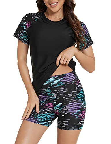 Bonneuitbebe Women's Two Piece Rash Guard Short Sleeve UPF 50+ Swim Shirt Built in Bra Bathing Suit with Boyshorts Bottoms