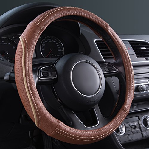 CAR PASS Line Rider Universal Fit Delux Leather Steering Wheel Cover, for suvs,sedans,Vans,Trucks(Brown)