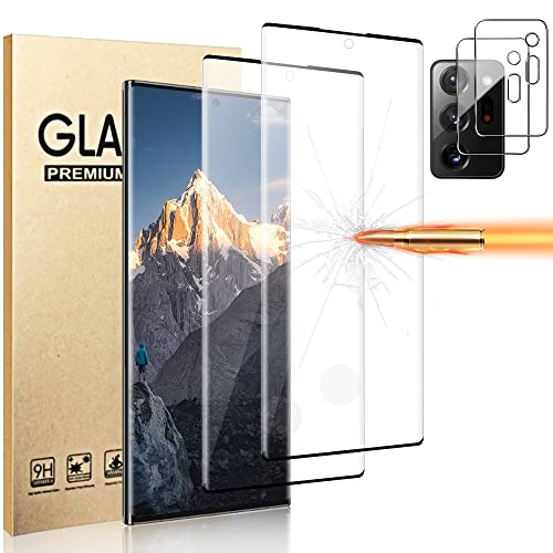 [2+2Pack] Galaxy Note 20 Ultra Screen Protector Tempered Glass + Camera Lens Protector [9H Hardness][Compatible Fingerprint] 3D Curved HD Clear Glass Film for Samsung Galaxy Note 20 Ultra (6.9")