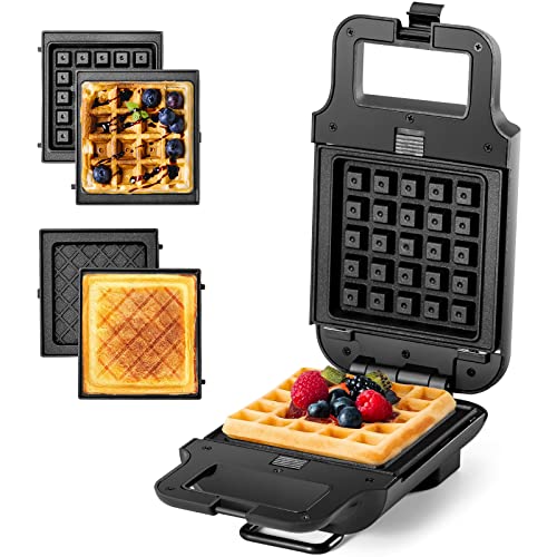 Mini Waffle Maker, Sandwich with Removable Plates 2-in-1 Portable Waffle Iron, Sandwich Toaster with Non-stick Coating and Cool Touch Handle Black