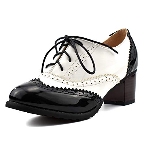 100FIXEO Women Patent Leather Block Heel Wingtip Oxford Shoes Vintage Chunky Heel Saddle Shoes (9, Patent Leather Black)