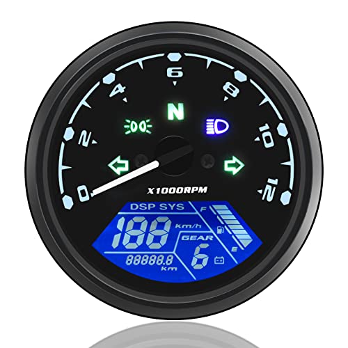 Universal Motorcycle Speedometer Tachometer Gauge, Digital Odometer Gauge DC 12V LCD Speedometer Odometer Fuel Meter Gauge for Motorcycle with Multi-Function Indicator Light