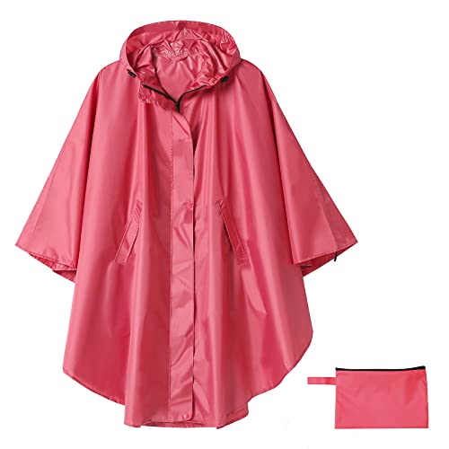 SaphiRose Unisex Rain Poncho Hooded Waterproof Raincoat Jacket for Adults Women Men(Rose Red)