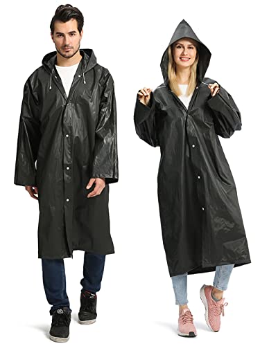 Opret 2 Pack Portable EVA Raincoats for Adults, Reusable Rain Ponchos with Hoods and Sleeves Lightweight, Perfect for Outdoor Activities, Black