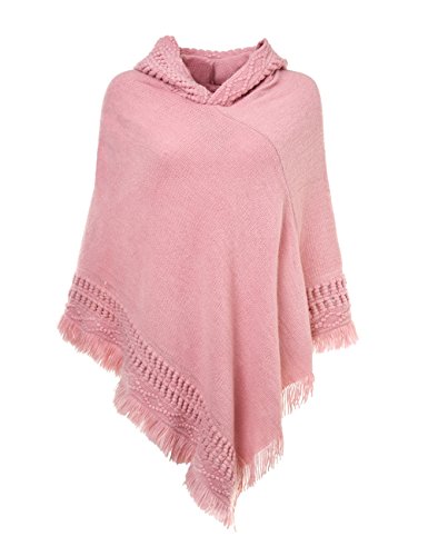 Ferand Ladies' Hooded Cape with Fringed Hem, Crochet Poncho Knitting Patterns for Women, Pink