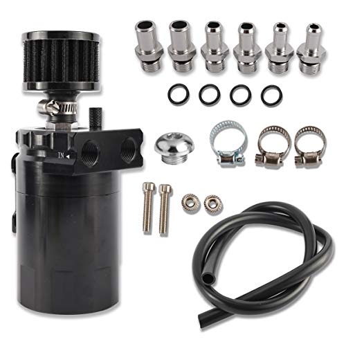 Baffled Universal Oil Catch Can Reservoir Tank, Dual Cylinder Polish Baffled Engine Air Oil Separator Tank Reservoir Kit with High Pressure Hose Line Tube(300ml, Black)