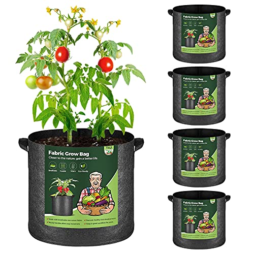 T4U Fabric Plant Grow Bags with Handle 7 Gallon Pack of 5, Heavy Duty Nonwoven Smart Garden Pot Thickened Aeration Nursery Container Black for Outdoor Potato, Tomato, Chili, Carrot and Vegetables