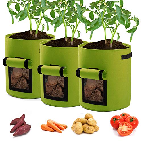 Potato Planter Bags 3-Pack 7 Gallons Grow Bags Aeration Tomato Plant Pots with Flap and Handles (Green)