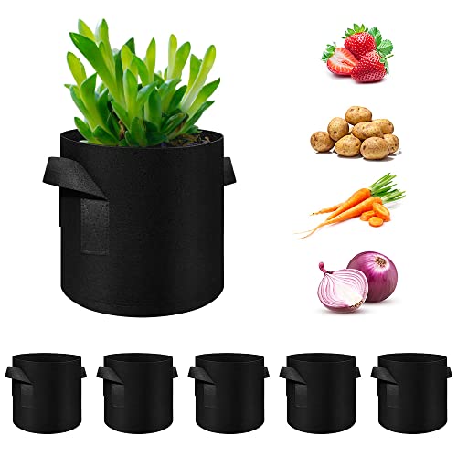 FineGearPow 5-Pack 5/7/10 Gallon Grow Bags Heavy Duty Thickened Nonwoven Fabric Pots with Handles, Plant Grow Bags for Vegetables/Flower/Plant/Fruits, Black