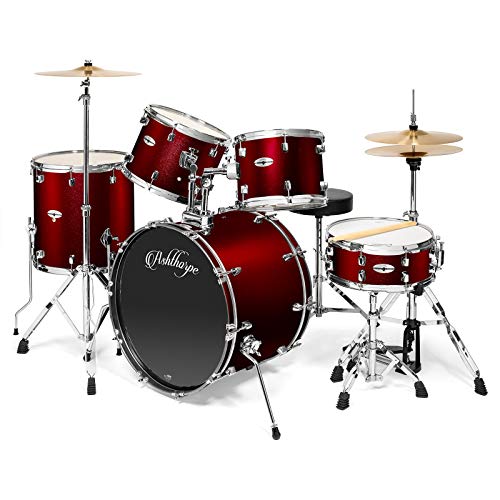 Ashthorpe 5-Piece Full Size Adult Drum Set with Remo Heads & Premium Brass Cymbals - Complete Professional Percussion Kit with Chrome Hardware - Red