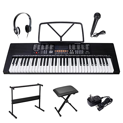 Saturnpower 61-Key Portable Electronic Keyboard Piano with Built In Speakers, Headphones, Microphone, Dual Power Supply, Piano Stand, Music Sheet Stand and Stool for Beginner (Kid & Adult) Black