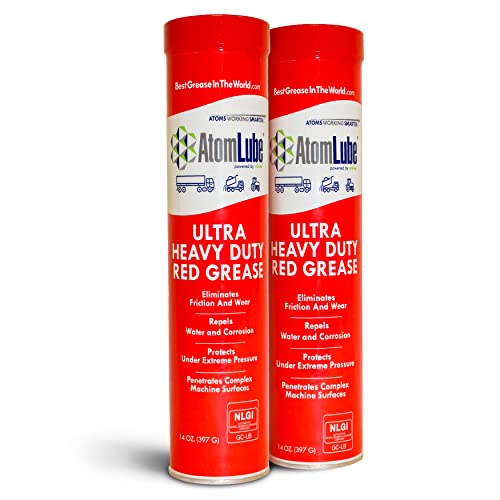 AtomLube Ultra Heavy Duty Red Grease | Waterproof Lubricant & High Temp Grease Tubes for Metal Surfaces | Wheel Bearing Grease for Semi Truck Accessories, 2-Pack of 14 Oz. Tubes
