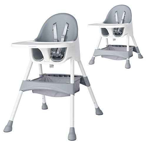 KESAIH High Chair, Height Adjustable High Chairs for Babies and Toddler with Easy-Clean Pu Cushion, Removable Tray, Adjustable Feet, 5 Point Safety Harness, Modern Toddler High Chair Grey