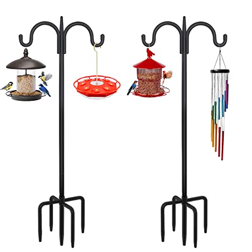 FEED GARDEN Adjustable Double Shepherds Hook for Outdoor with 5 Prong Base 91 Inch Heavy Duty Two Sided Bird Feeder Pole for Hanging Plant Baskets, Solar Light Lanterns, Wind Chimes 2 Pack