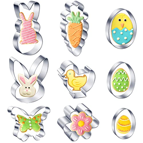 Easter Cookie Cutter Set 9 PCS Easter Cookie Cutters Egg Bunny Flower Butterfly Chick Carrot Stainless Steel Biscuit Cutters Fondant Molds for Easter Biscuits