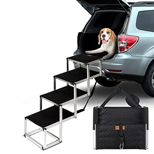 Barpor Dog Ramp Portable Dog Steps for Cars, SUV and Trucks Adjustable Aluminum Dog Stairs Lightweight Pet Ladder with Non-Slip Surface Supports to Large Dogs 200-250 Lbs, 4/5 Steps (Upgraded 4-Step)