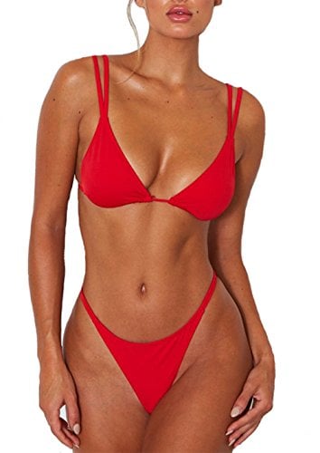 ForBeautyShe Women's Sexy Thong Bottom Two Piece Bikini Double Shoulder Straps Cute Swimsuit Triangle Bathing Suit (Red, S)