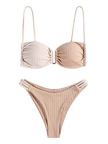 ZAFUL Women's High Cut U Wire Bikini Sets Colorblock Ribbed Cheeky Brazilian Push Up 2 Pieces Swimsuit (Light Coffee, XL)