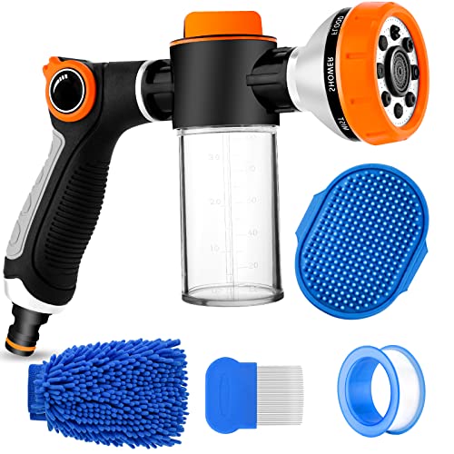 Upgrade Pup Jet Dog Wash, 8 in 1 Car Wash Sprayer with Soap Dispenser, Dog Wash Hose Attachment with Pet Bath Brush Dog Comb and Wash Mitt for Car Wash,Watering Plants and Showering Pet(Orange)