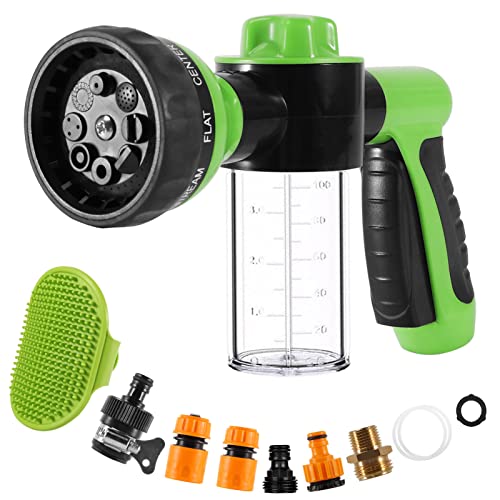 Willcrew Garden Hose Nozzle,8 Spray Patterns Foam Sprayer Pet Bathing Tool Set with Connectors and Rubber Comb Brush for Watering Plants, Cleaning,Car Wash and Showering Pet