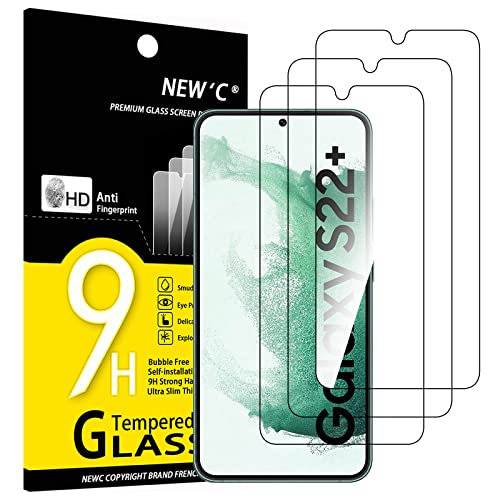 NEW'C Pack of 3, Glass Screen Protector for Samsung Galaxy S22 Plus / S22 +, Anti-Scratch, Anti-Fingerprints, Bubble-Free, 9H Hardness, 0.26mm Ultra Transparent, Ultra Resistant Tempered Glass
